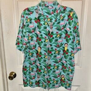 RICK AND MORTY Short Sleeve Button Down Flamingo Tropical Print Shirt. Sz L.